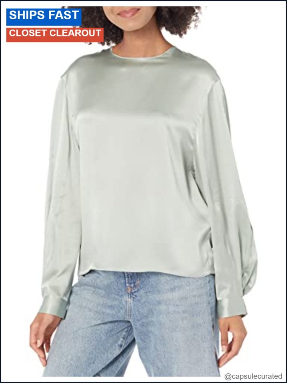 Vince Pleated Cuff Crew Neck Blouse Split Cuff Back Zip